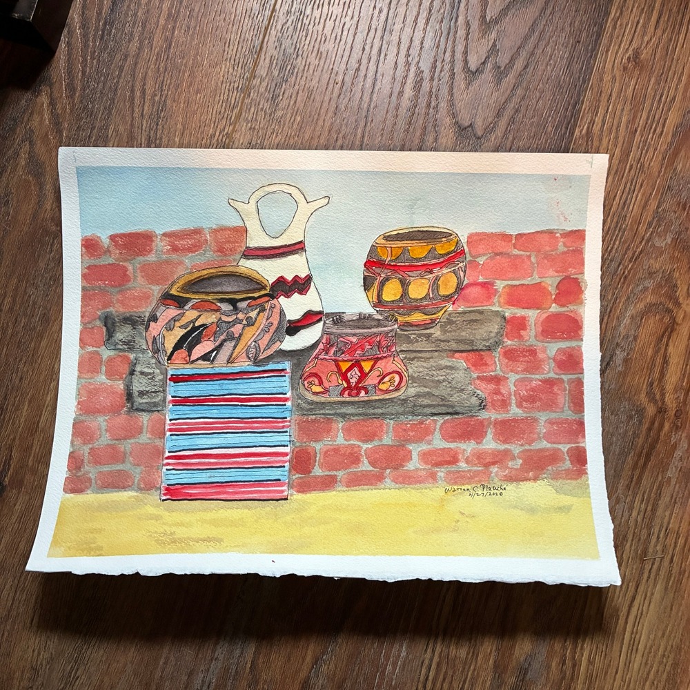 Native American Pottery Warren C Plauche Original Watercolor Ink Painting 11x15